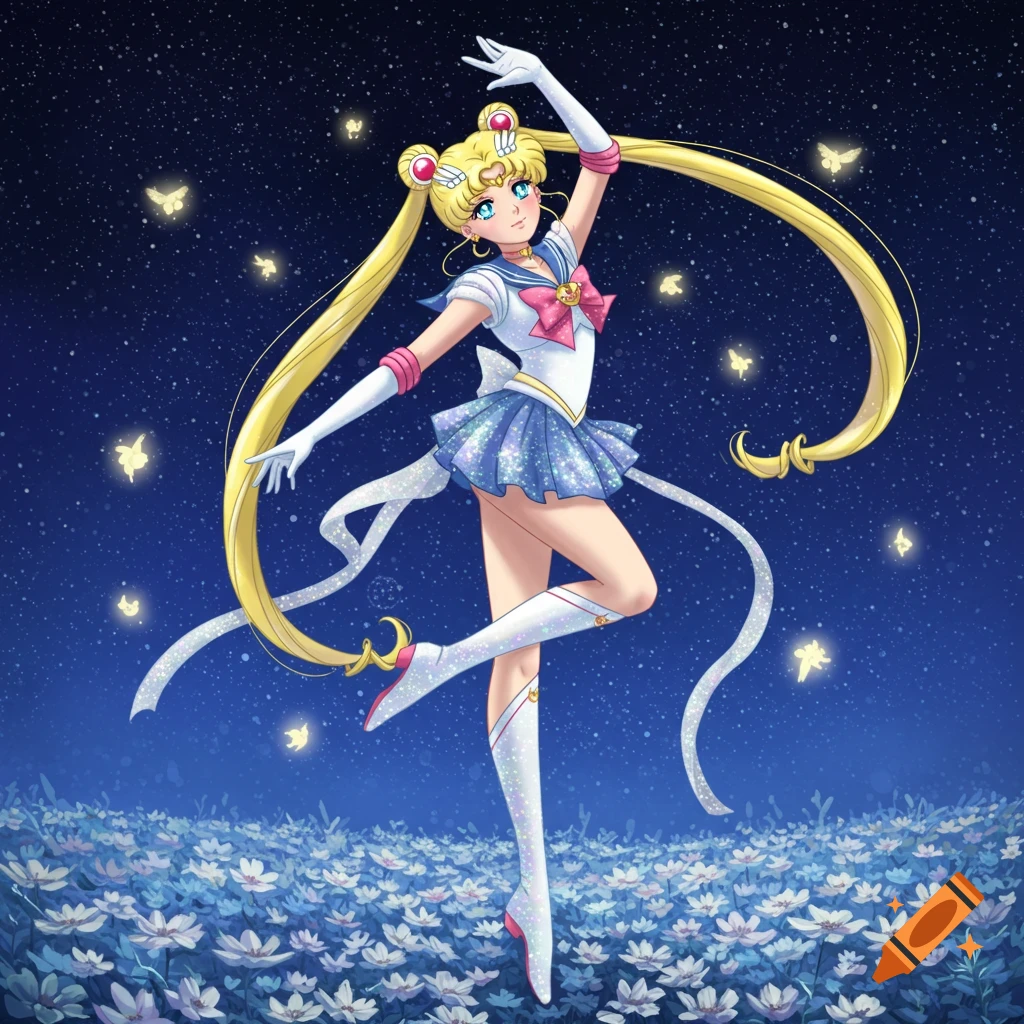 Sailor Moon in her uniform dancing on a field of white flowers under a starry night sky with glowing butterflies, anime style.