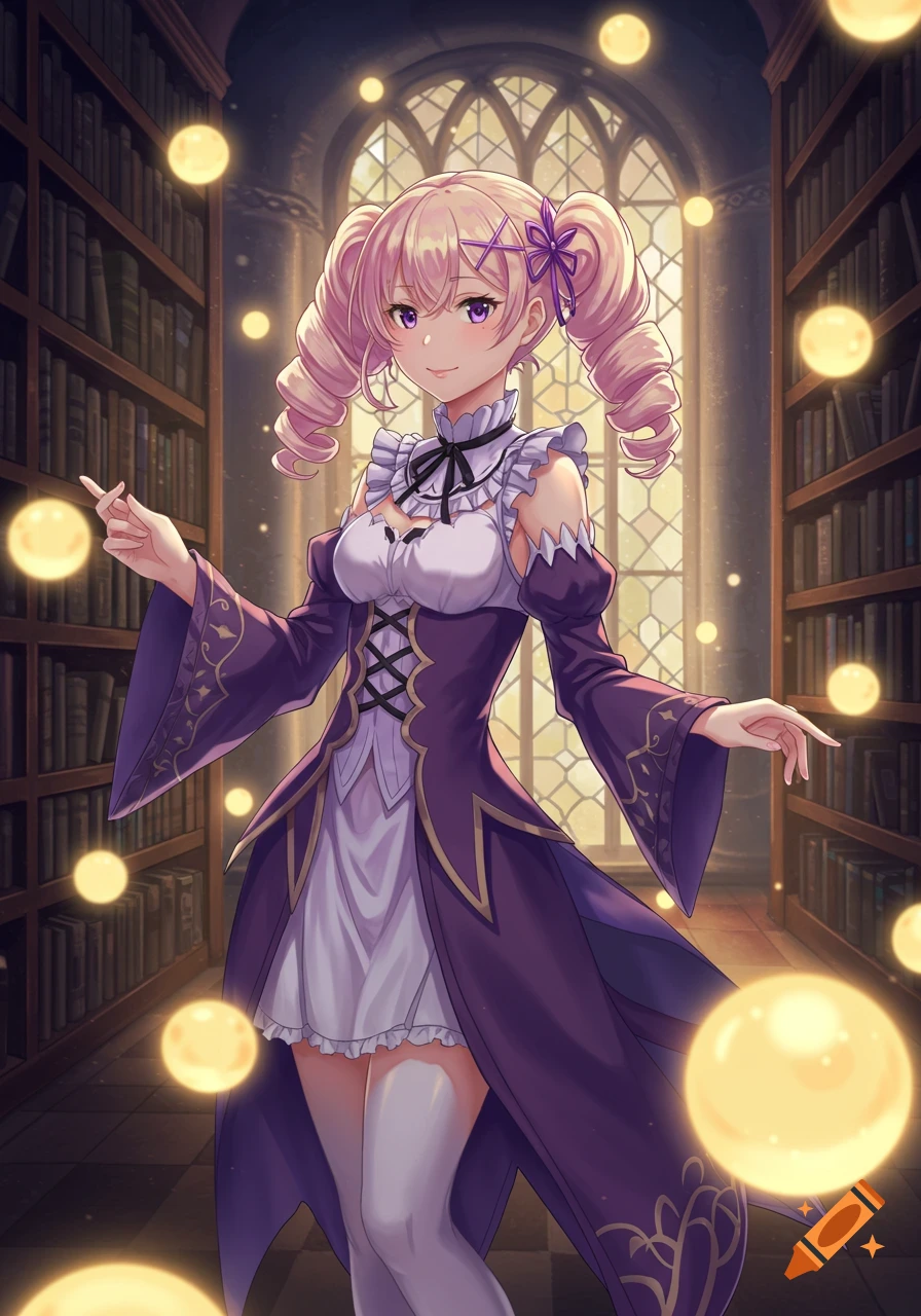 An anime-style young woman with blonde pigtails and purple eyes stands in a library, surrounded by glowing orbs.