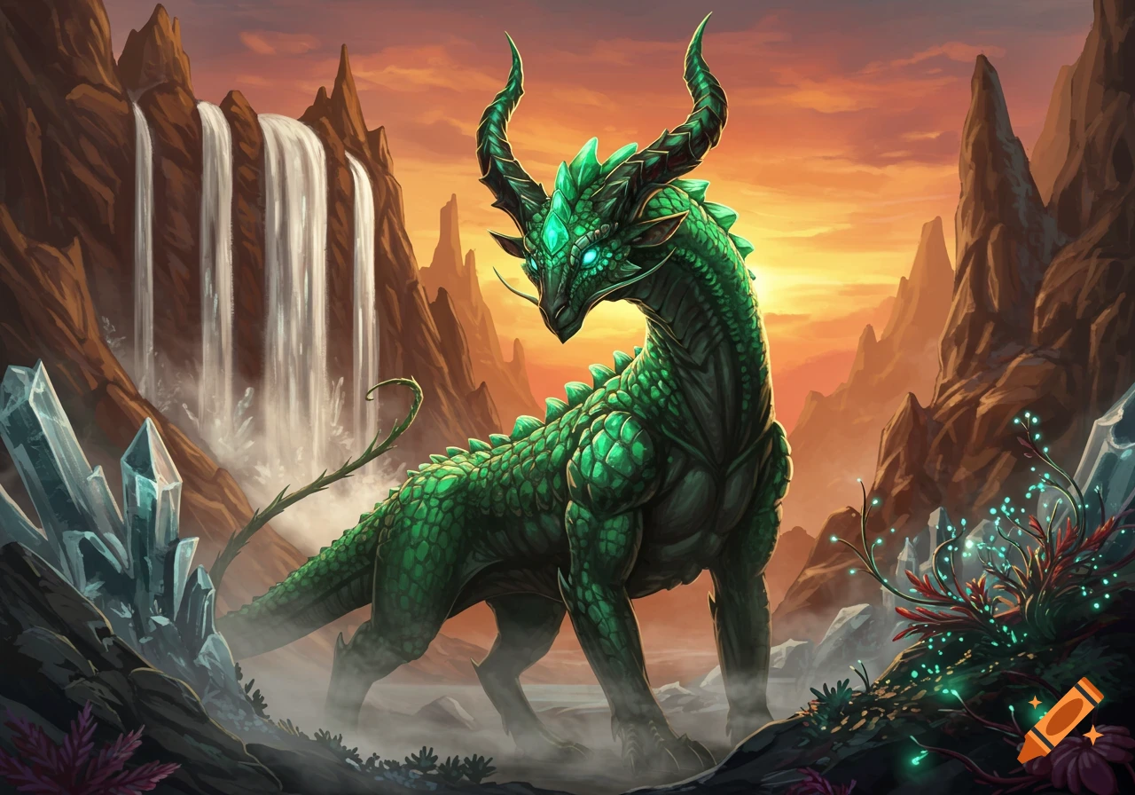A majestic green dragon-like creature with glowing eyes stands in a misty landscape with waterfalls, crystals, and an orange sky.