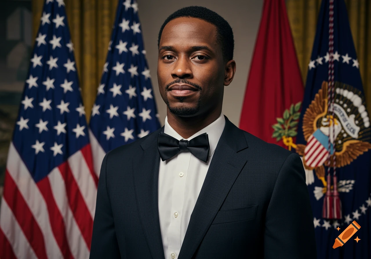 A photorealistic portrait of a man in a black suit and bow tie, standing in front of American flags.
