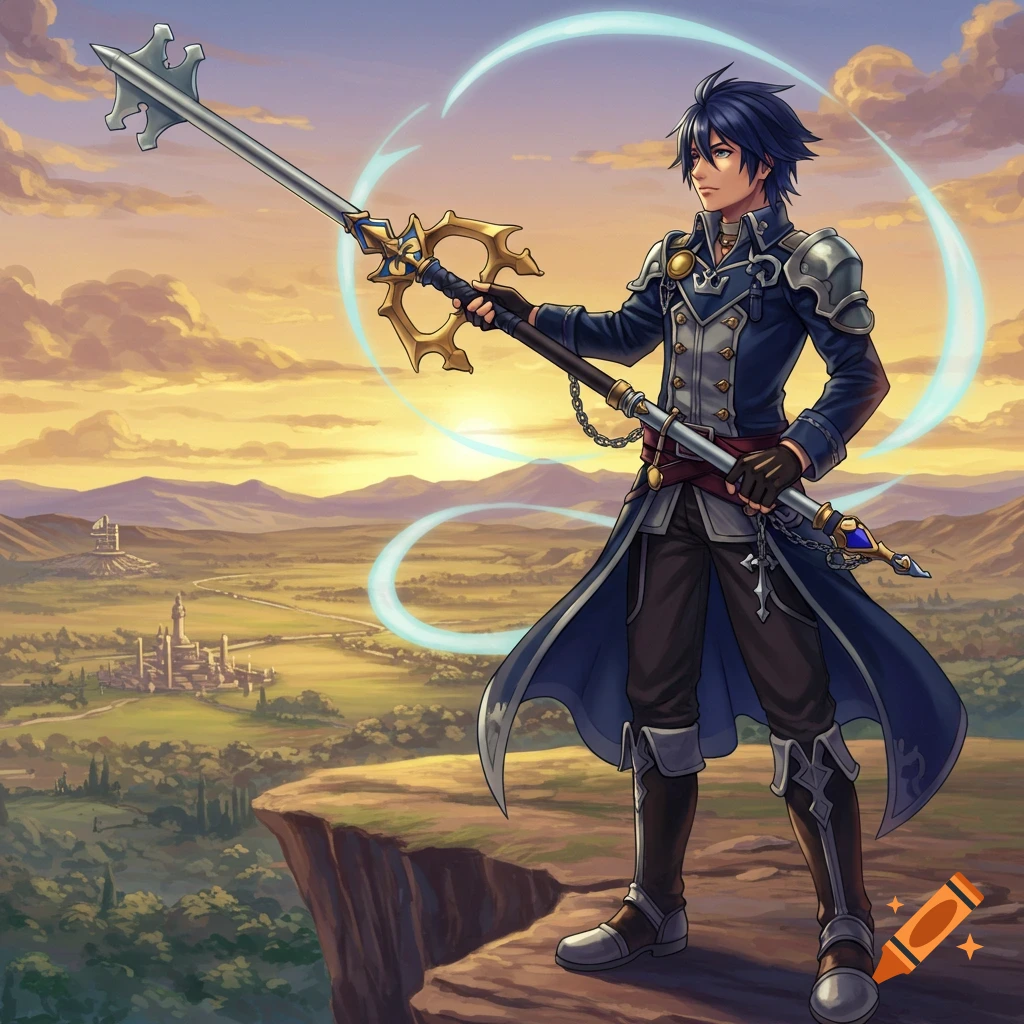 An anime-style male character with dark hair in a blue coat and armor stands on a cliff, holding a large keyblade. A fantasy landscape with a city and mountains stretches behind him under a sunset.