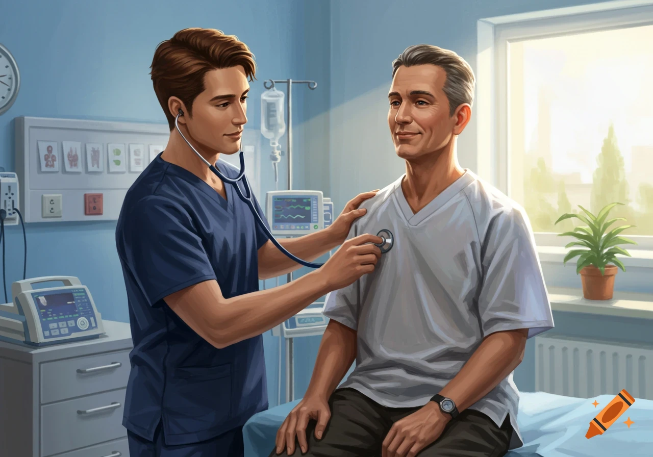 An illustration of a male nurse using a stethoscope to listen to a male patient's lungs in a hospital room.
