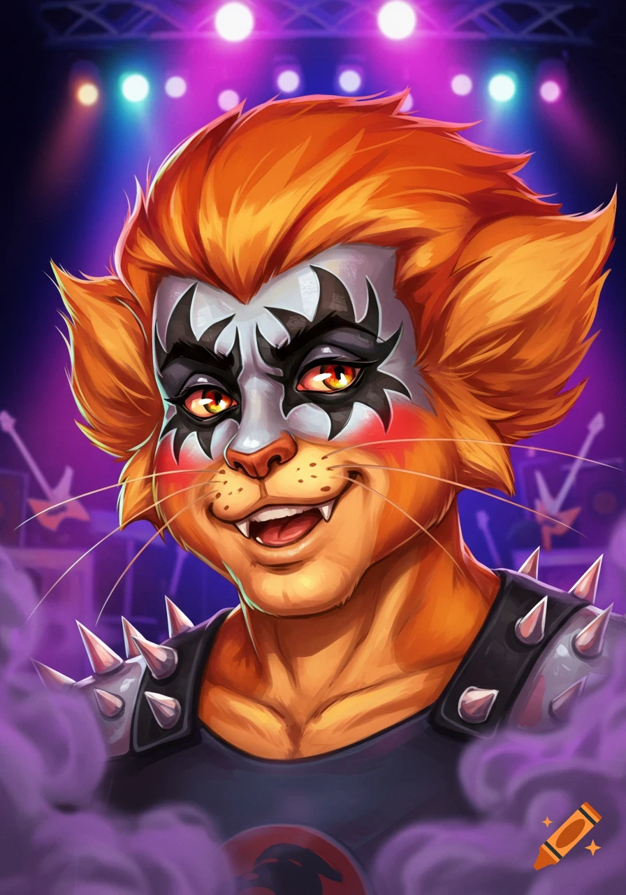 Orange anthropomorphic cat with Kiss makeup and studded clothing on a stage with purple and pink lights.