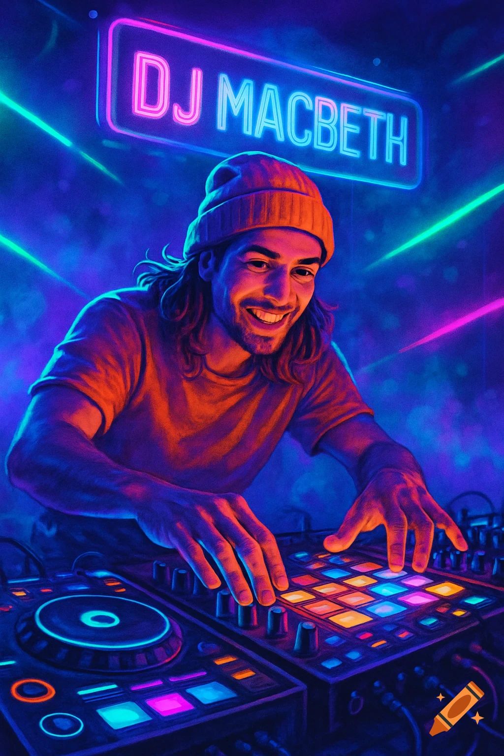 A male DJ with long hair and a beanie playing music on a mixing board, illuminated by vibrant neon lights. A neon sign above reads 'DJ MACBETH'.