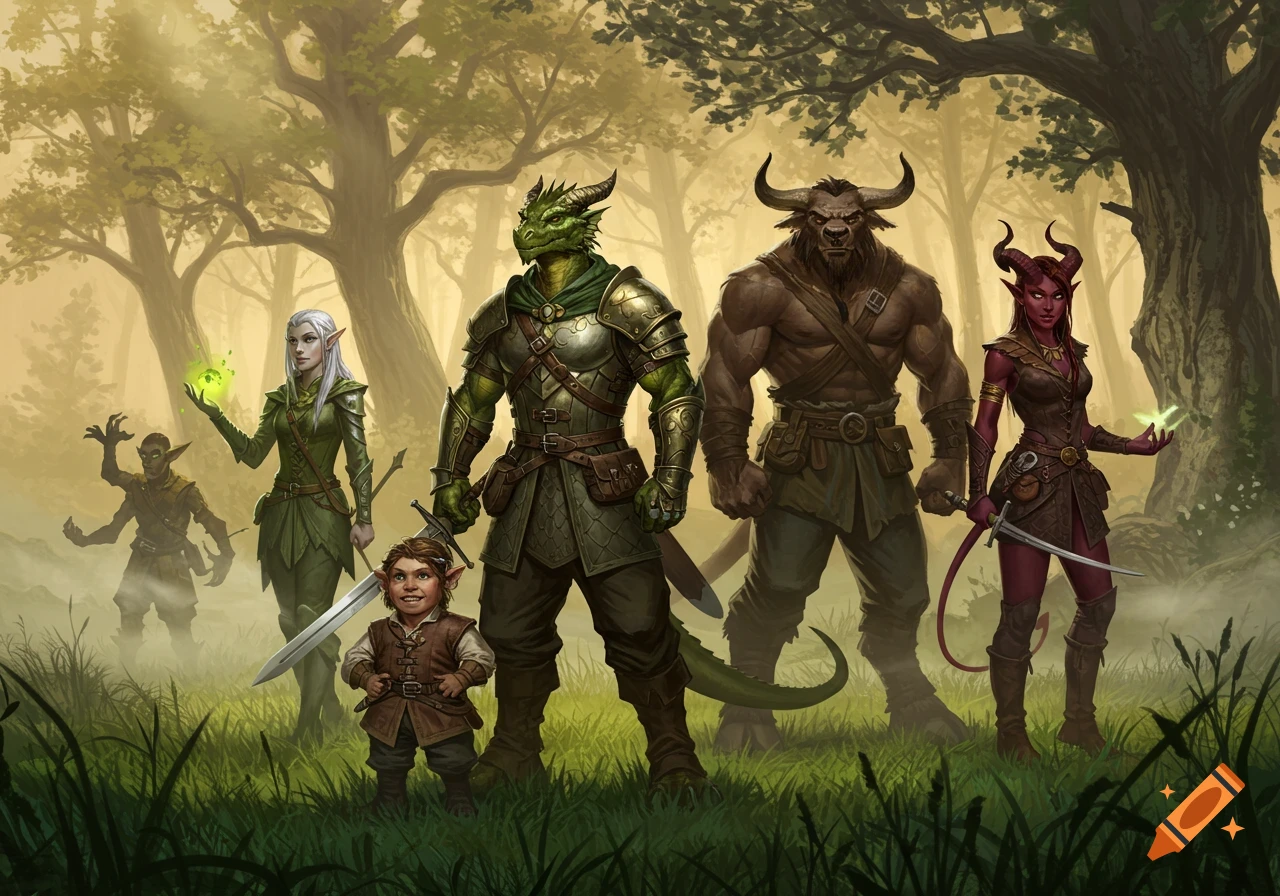 A diverse group of fantasy adventurers, including a dragonborn, elf, halfling, minotaur, and tiefling, stand in a mystical forest.