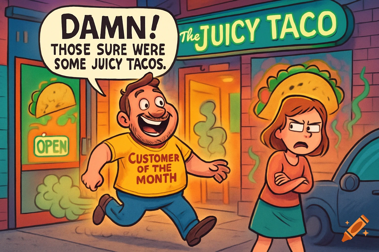 Cartoon of a man farting after eating at 'The Juicy Taco' restaurant, while a disgusted woman with a taco hat looks on.