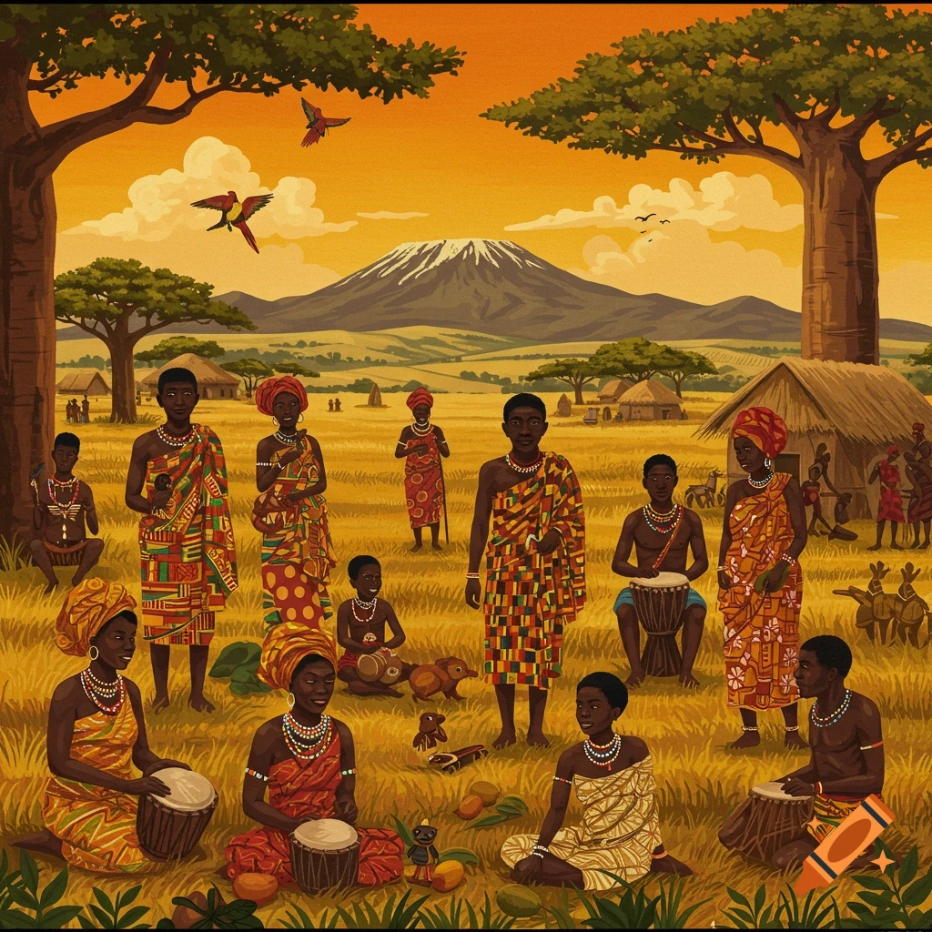 An illustration of African people and children in traditional attire, playing drums in a village landscape with a mountain.