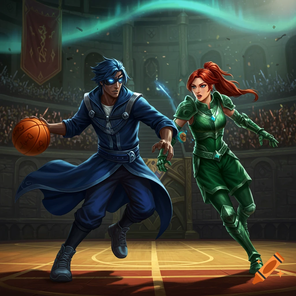 Two fantasy characters, a male in blue and a female in green armor, play basketball in a stadium arena.