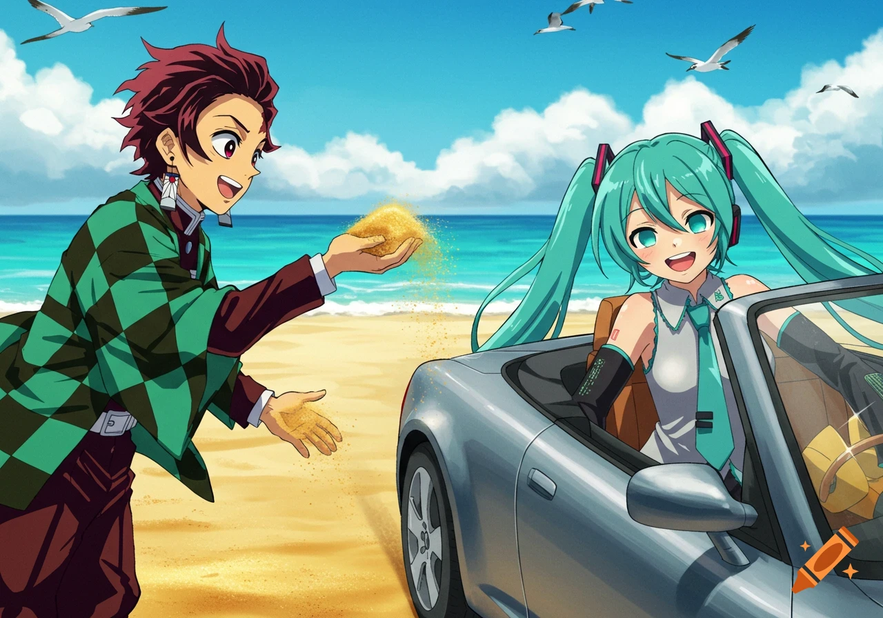 Anime characters Tanjiro Kamado holds sand towards Hatsune Miku, who smiles from inside a convertible car on a sunny beach.