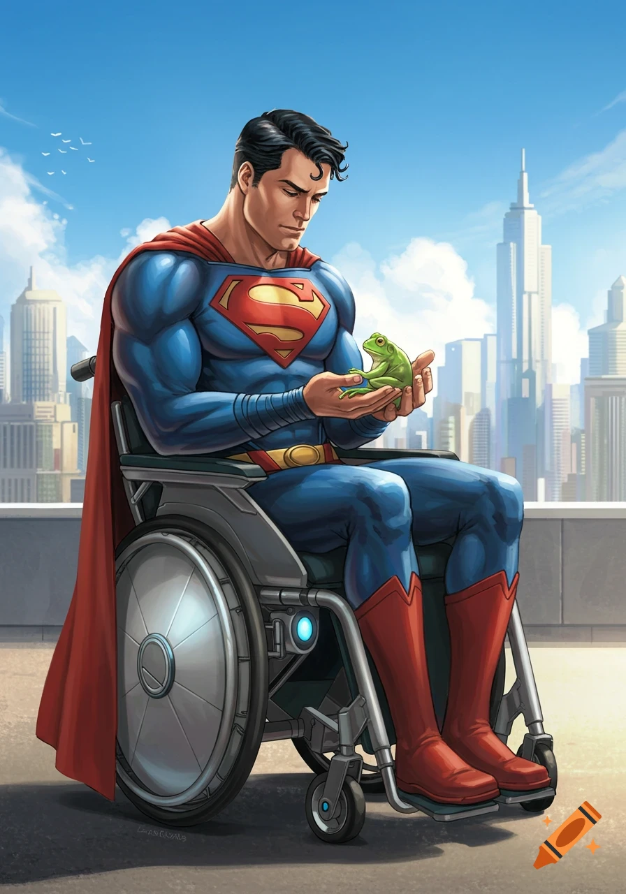 Superman in a wheelchair gently holds a green frog, with a city skyline under a blue sky in the background, in a comic book art style.