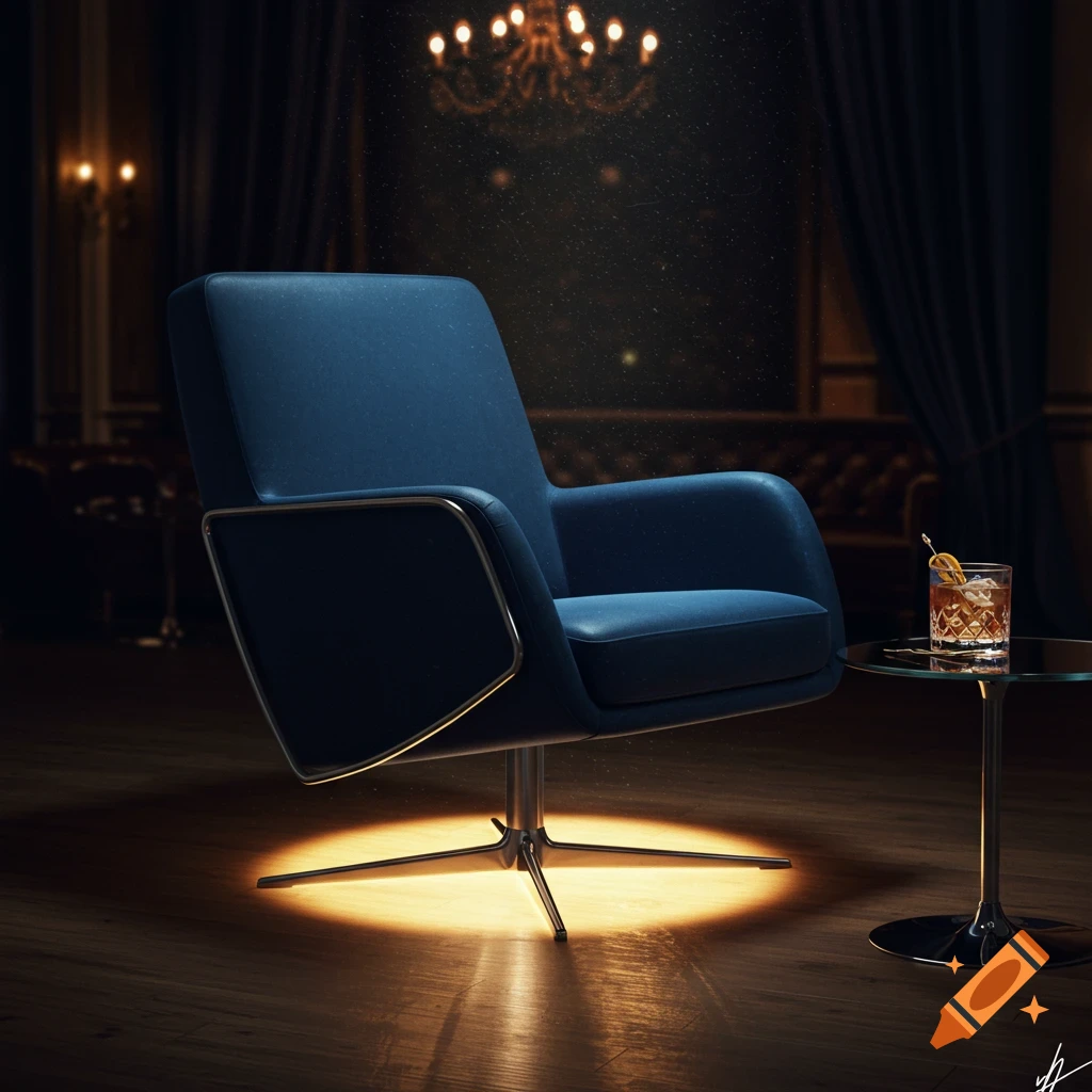 A photorealistic image of a blue lounge chair under a spotlight, with a cocktail on a glass table in a dim, luxurious room.