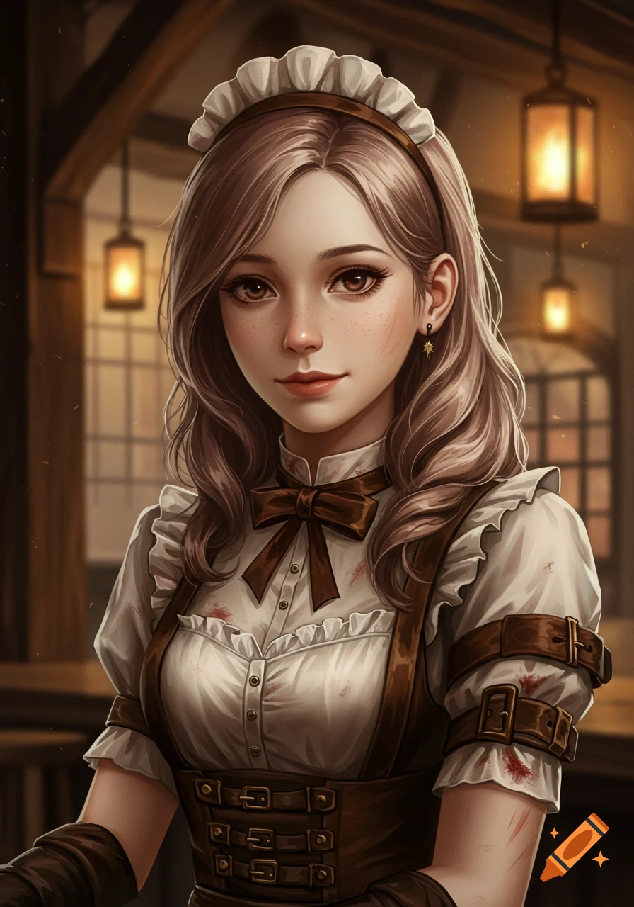 Digital art portrait of a young woman with brown hair, in a stained white ruffled barmaid shirt with a bow and brown leather straps, in a dim tavern.
