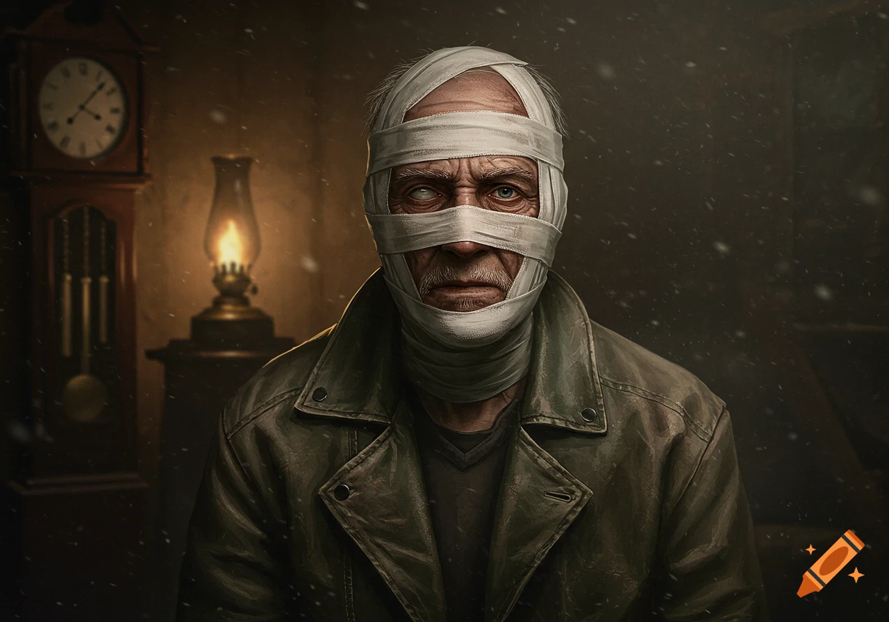 A dramatic portrait of an old man with white bandages wrapped around his face, set in a dimly lit room with a clock and lantern.