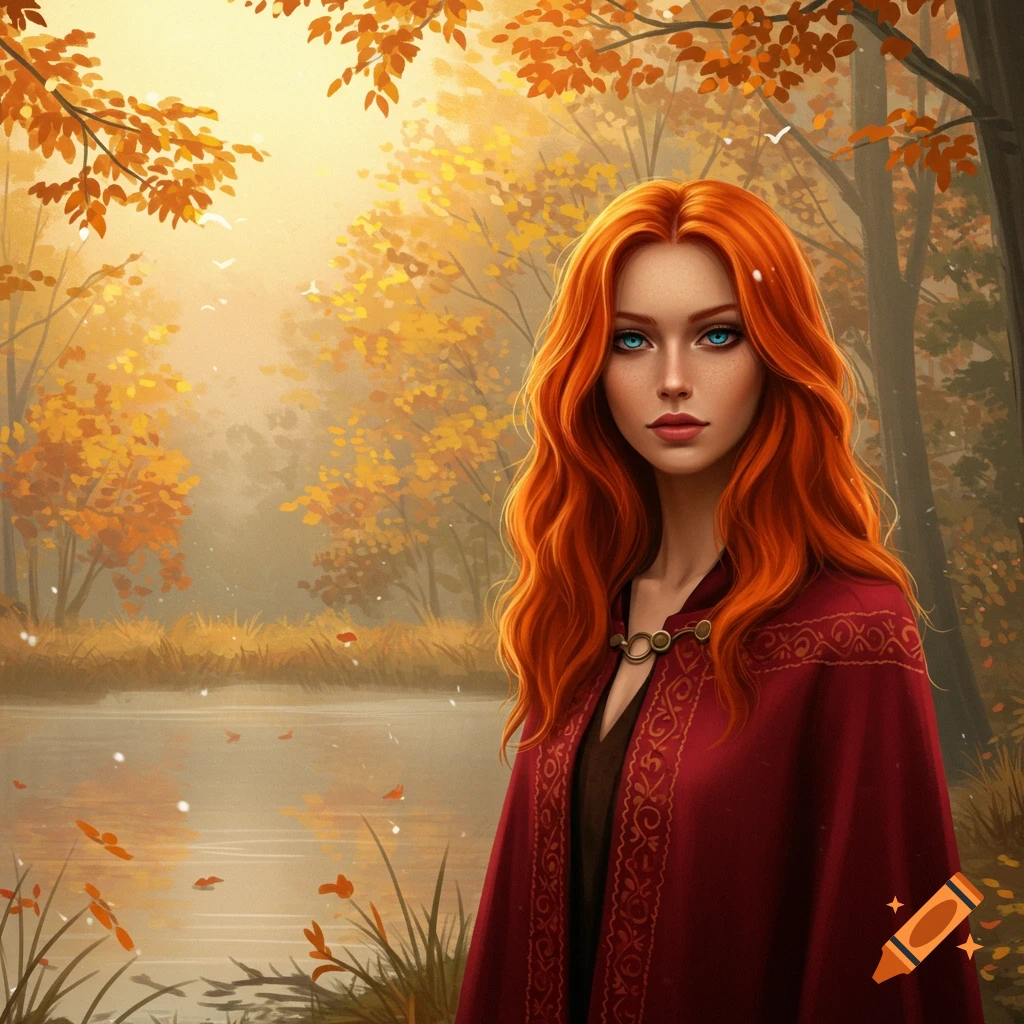 Digital painting of a woman with long red hair and blue eyes, wearing a red cloak, standing by a pond in an autumn forest.