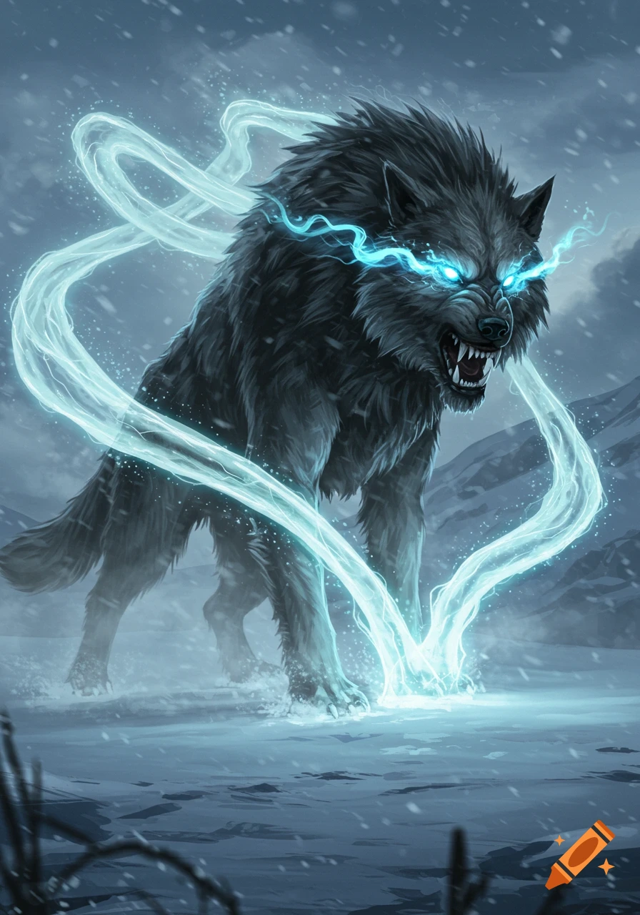 A powerful dire wolf with glowing blue eyes and emanating blue magical energy stands in a snowy, stormy landscape.