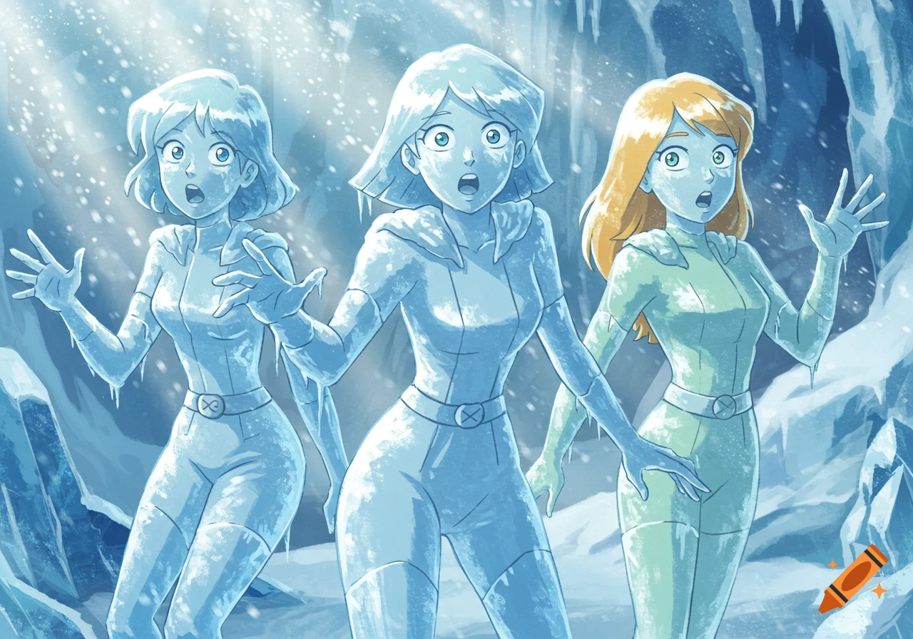 Three animated women, Sam, Alex, and Clover from Totally Spies, are frozen in ice statues with surprised expressions in an icy cave.