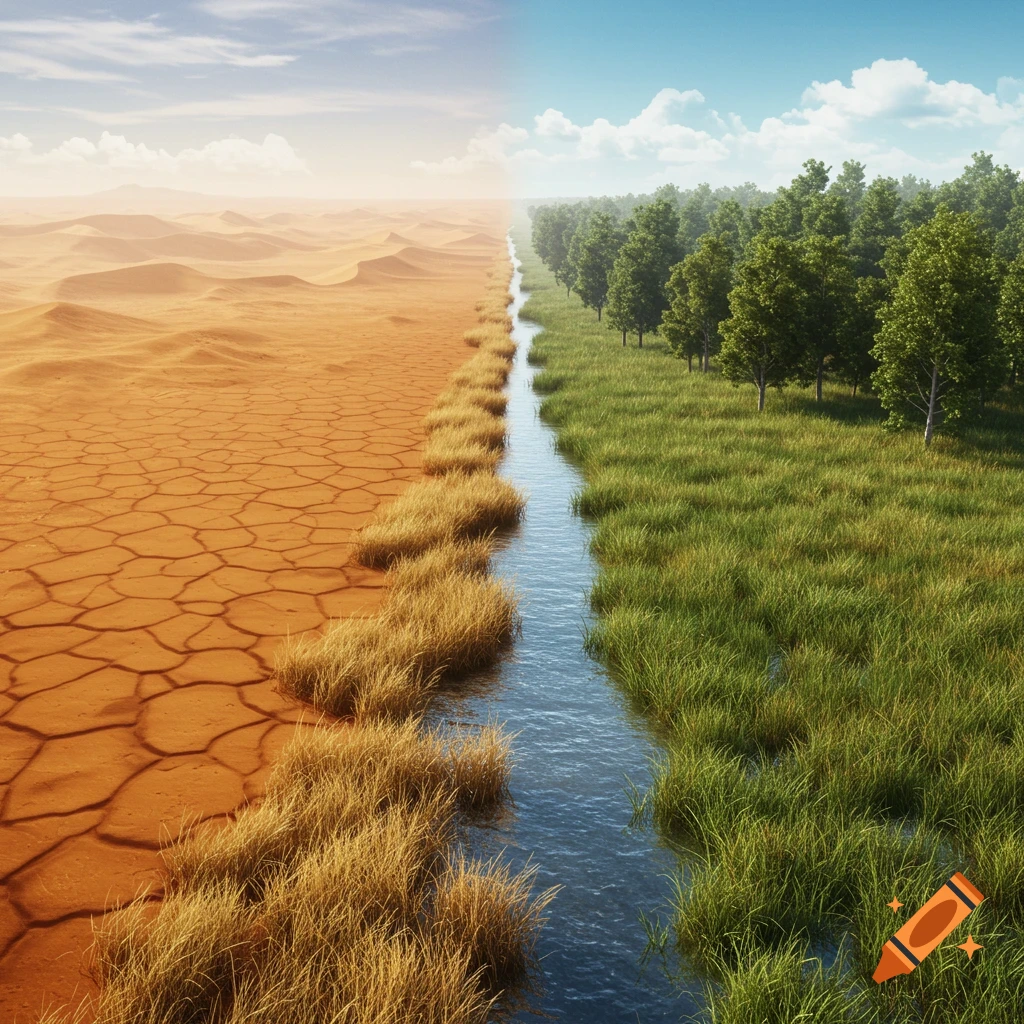 A landscape split vertically, showing a dry, cracked desert on the left and a vibrant green forest with a river on the right.