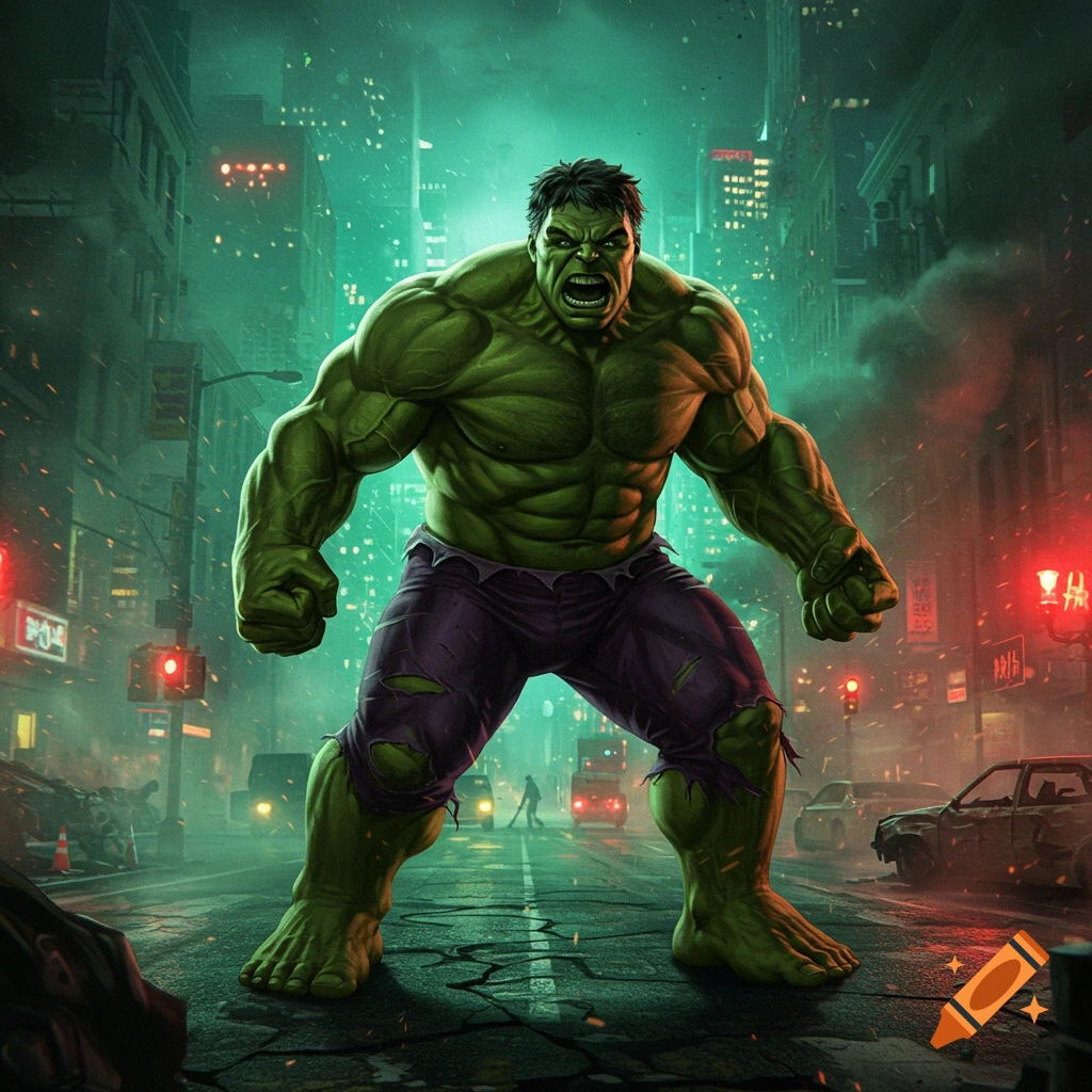 The Hulk stands enraged in a destroyed city street at night, with green and red neon lights illuminating the scene in a comic book art style.