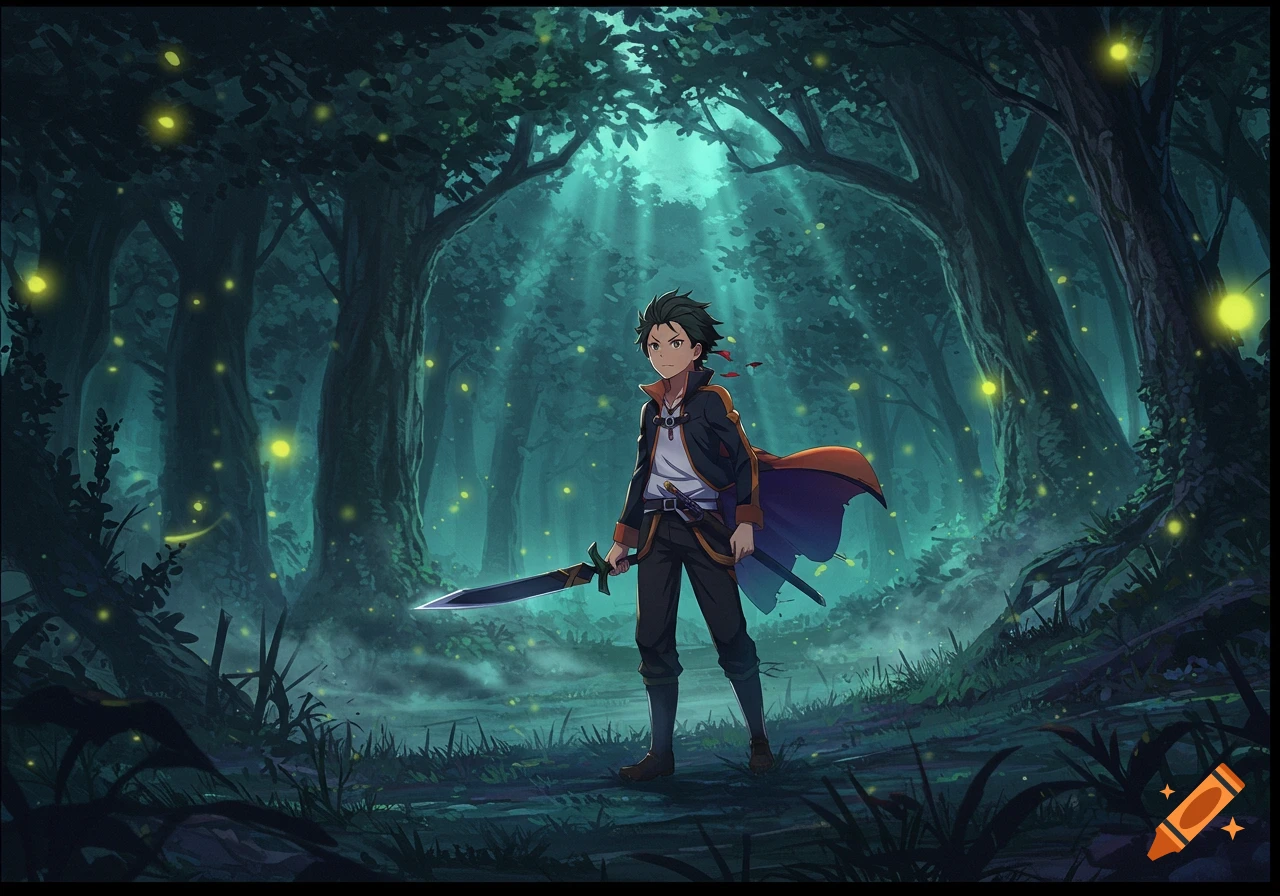 Anime boy with dark hair and a sword stands in a magical, sunlit forest at night with glowing fireflies.