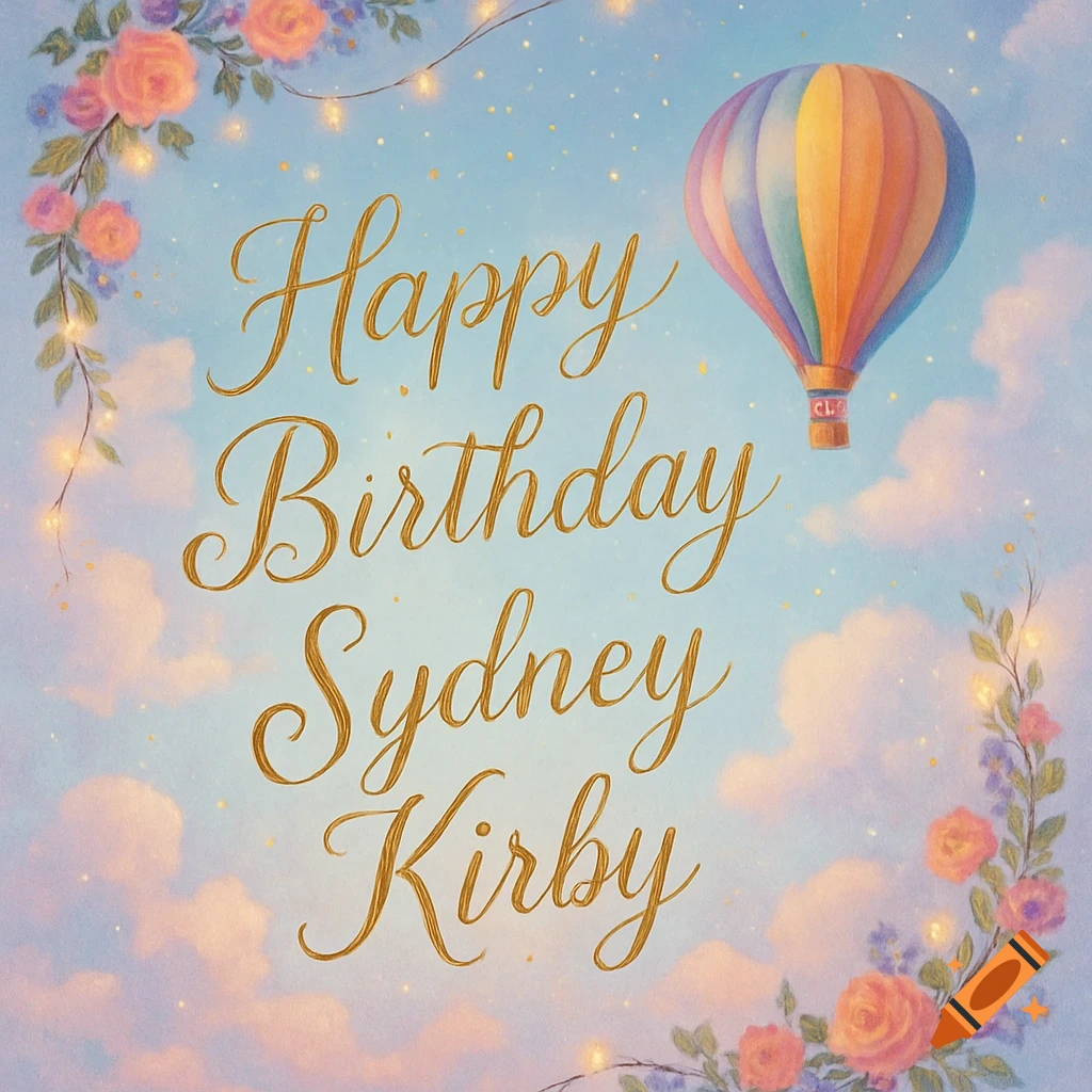 A colorful birthday card with 'Happy Birthday Sydney Kirby' in gold script, surrounded by pink and purple flowers and a hot air balloon in a blue sky with clouds.