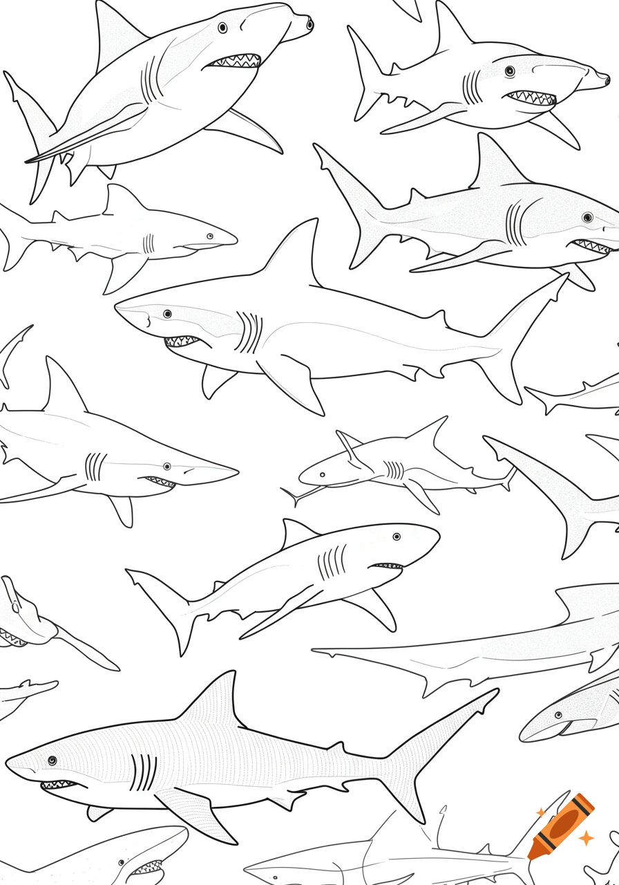 A seamless line art pattern featuring various shark species, including great whites and hammerheads.