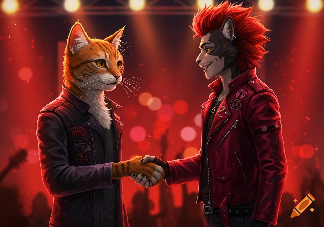 An orange tabby cat and a black cat with red spiky hair, both anthropomorphic and wearing leather jackets, shake hands on a red-lit stage.