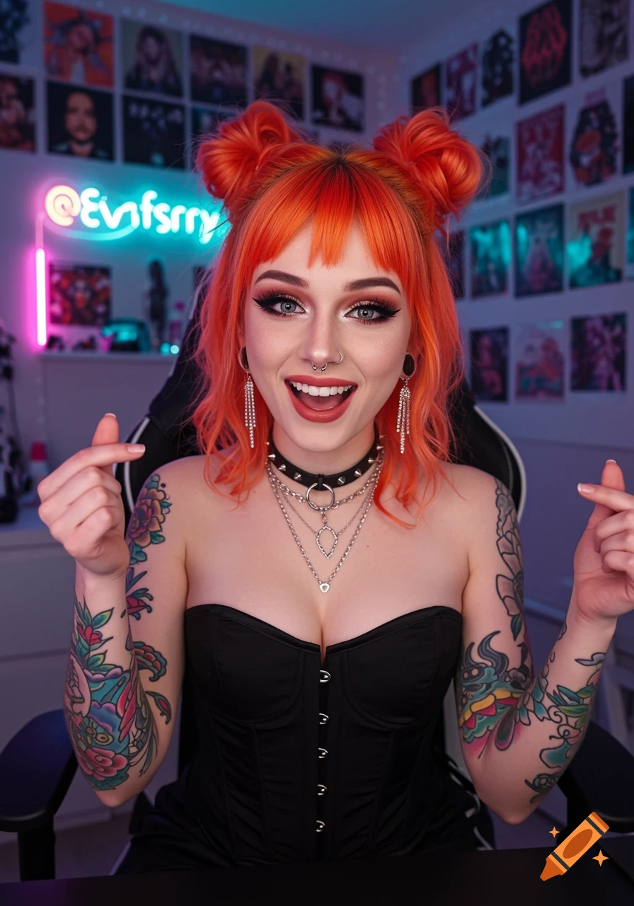A smiling young woman with bright orange hair styled in space buns, heavy makeup, tattoos, and piercings, wearing a black strapless corset, making heart signs with her hands, in a room with a neon sign and posters.