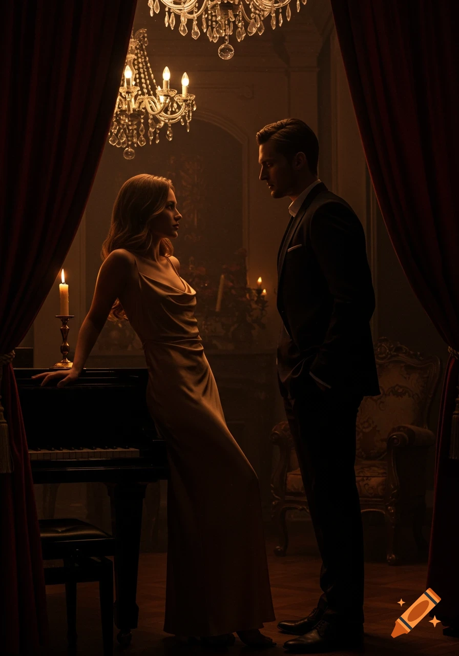A man and a woman gaze at each other in a dimly lit, elegant room with chandeliers and a piano, photorealistic.