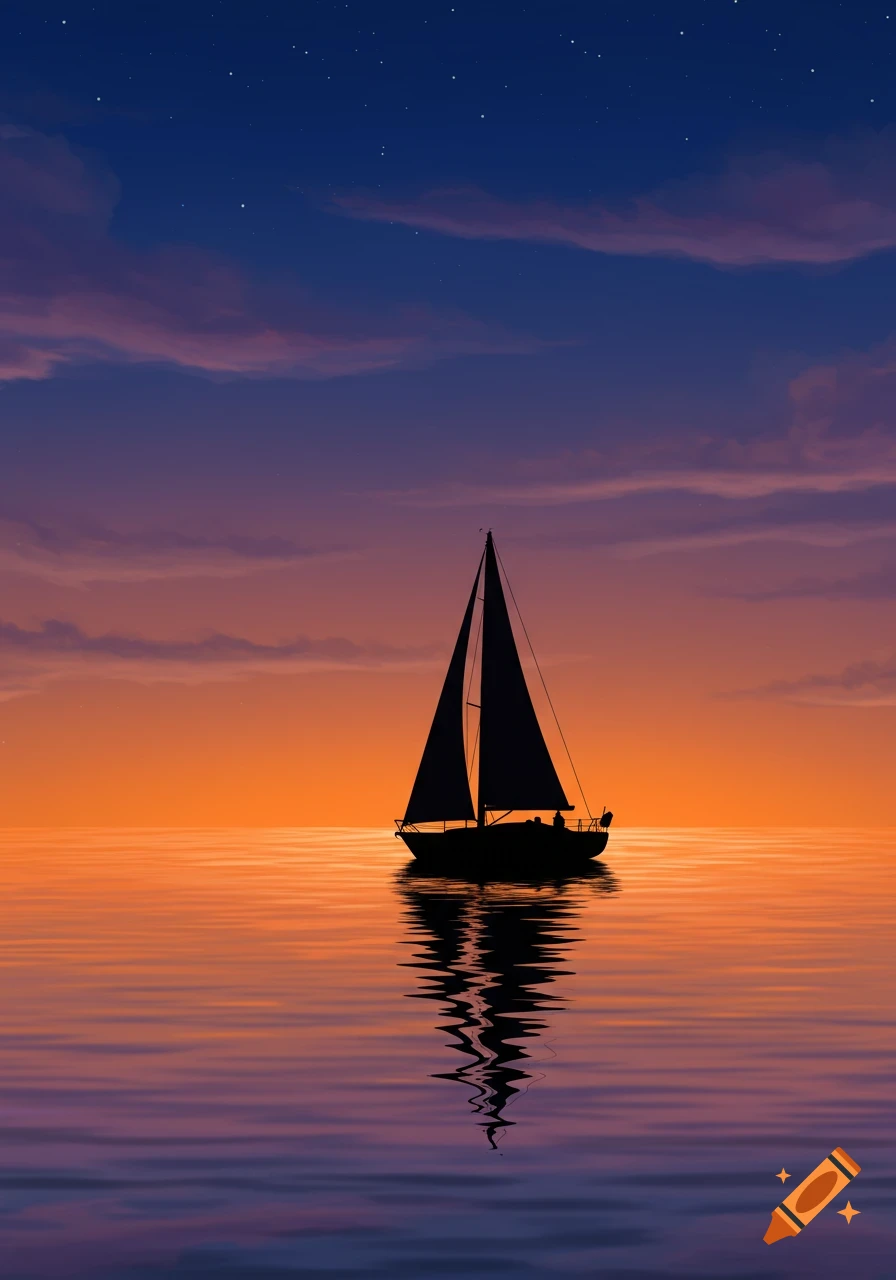 A sailboat silhouette on calm water reflects a vibrant orange and purple sunset sky with stars.