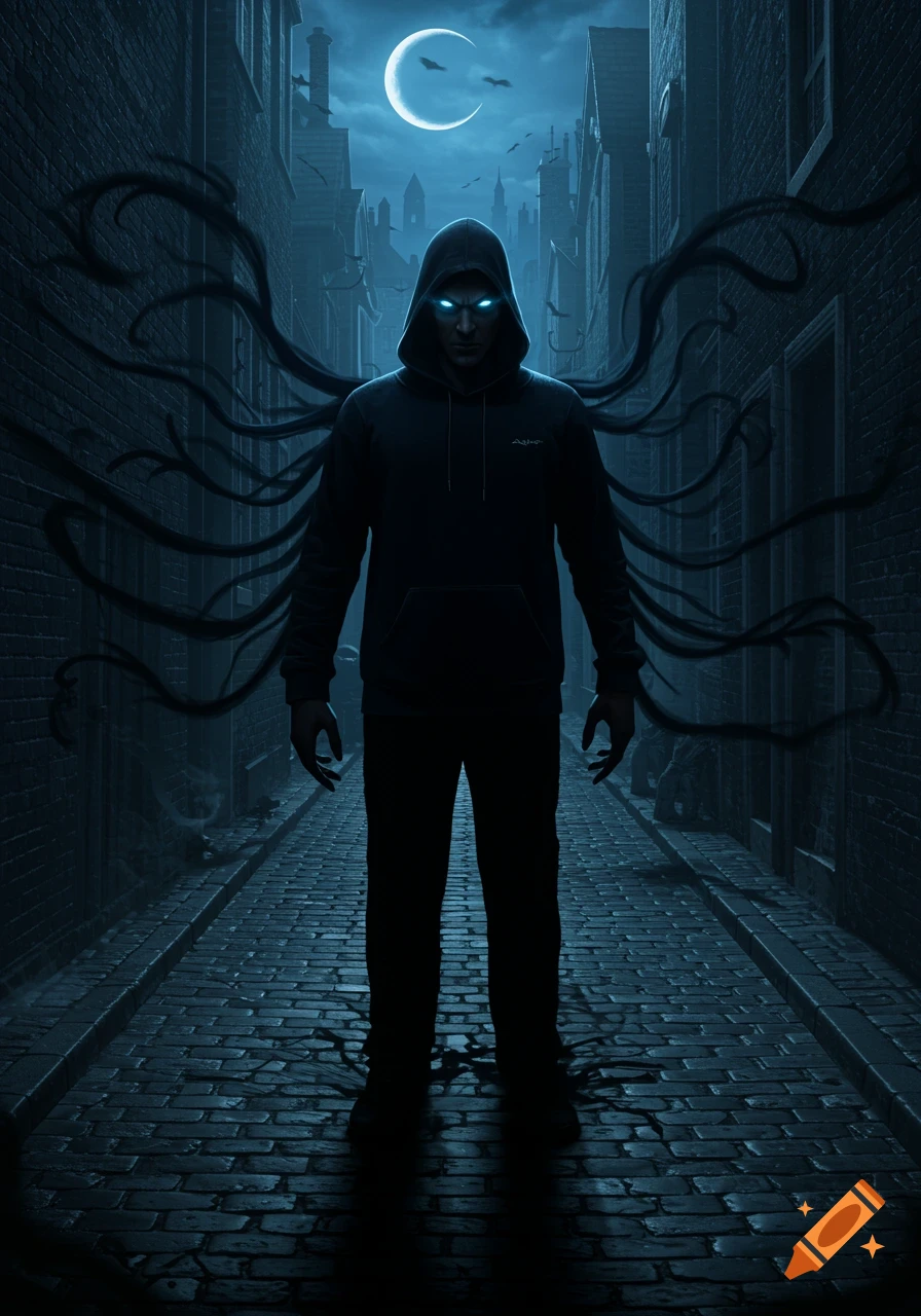 A dark figure in a black hoodie with glowing blue eyes and shadowy tendrils stands in a moonlit cobblestone alley at night.