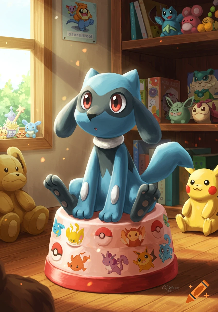A blue Riolu character from Pokemon sits on a pink potty decorated with other Pokemon characters in a child's room.