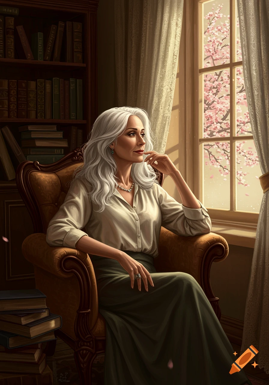 A mature woman with long white hair sits in an armchair by a sunlit window, a bookshelf in the background.