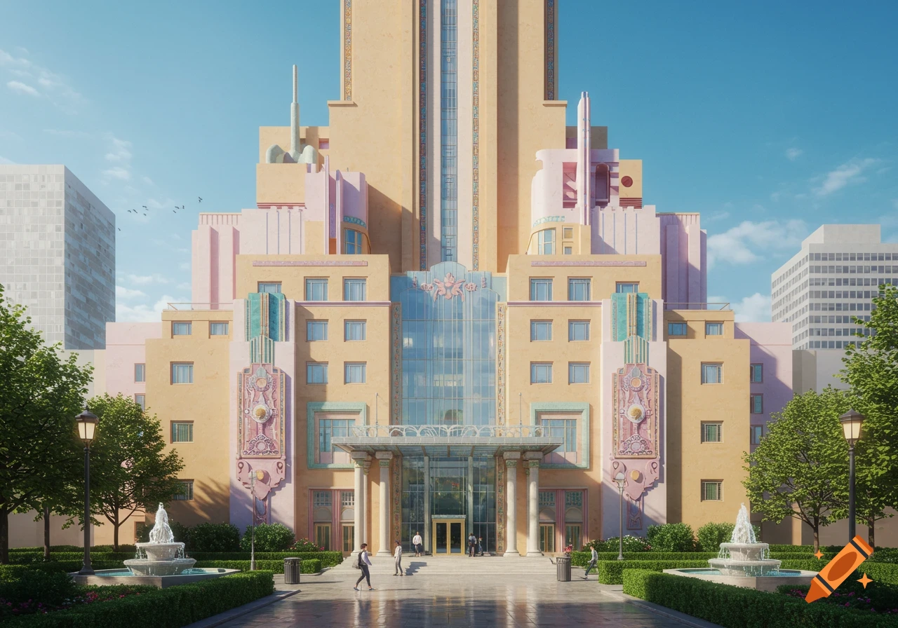 A large, colorful postmodern building with pink, yellow, and blue details, an elaborate entrance, and fountains in front.
