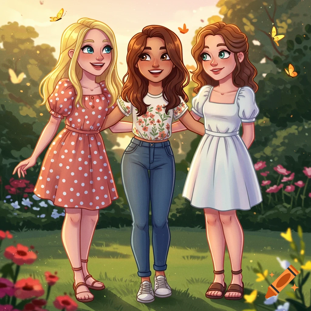 Three smiling cartoon sisters, blonde, brunette, and light-haired, standing arm-in-arm in a sunny garden with flowers and butterflies.