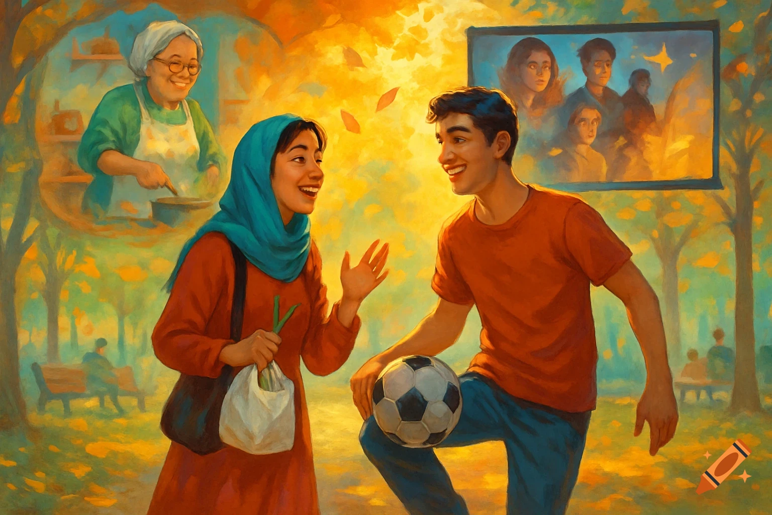 A young man with a soccer ball talks to a young woman wearing a teal hijab in an autumn park, with thought bubbles showing a grandmother cooking and people watching a movie in a screen. Painterly style.