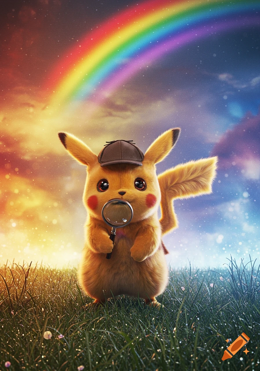 Photorealistic Detective Pikachu wearing a hat and holding a magnifying glass in a grassy field under a rainbow.