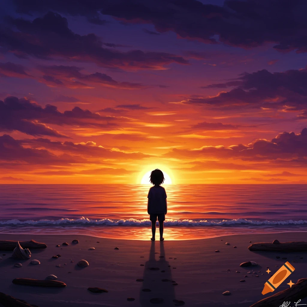 A lone child stands on a beach, silhouetted against a vibrant orange and purple sunset over the ocean in an anime style.