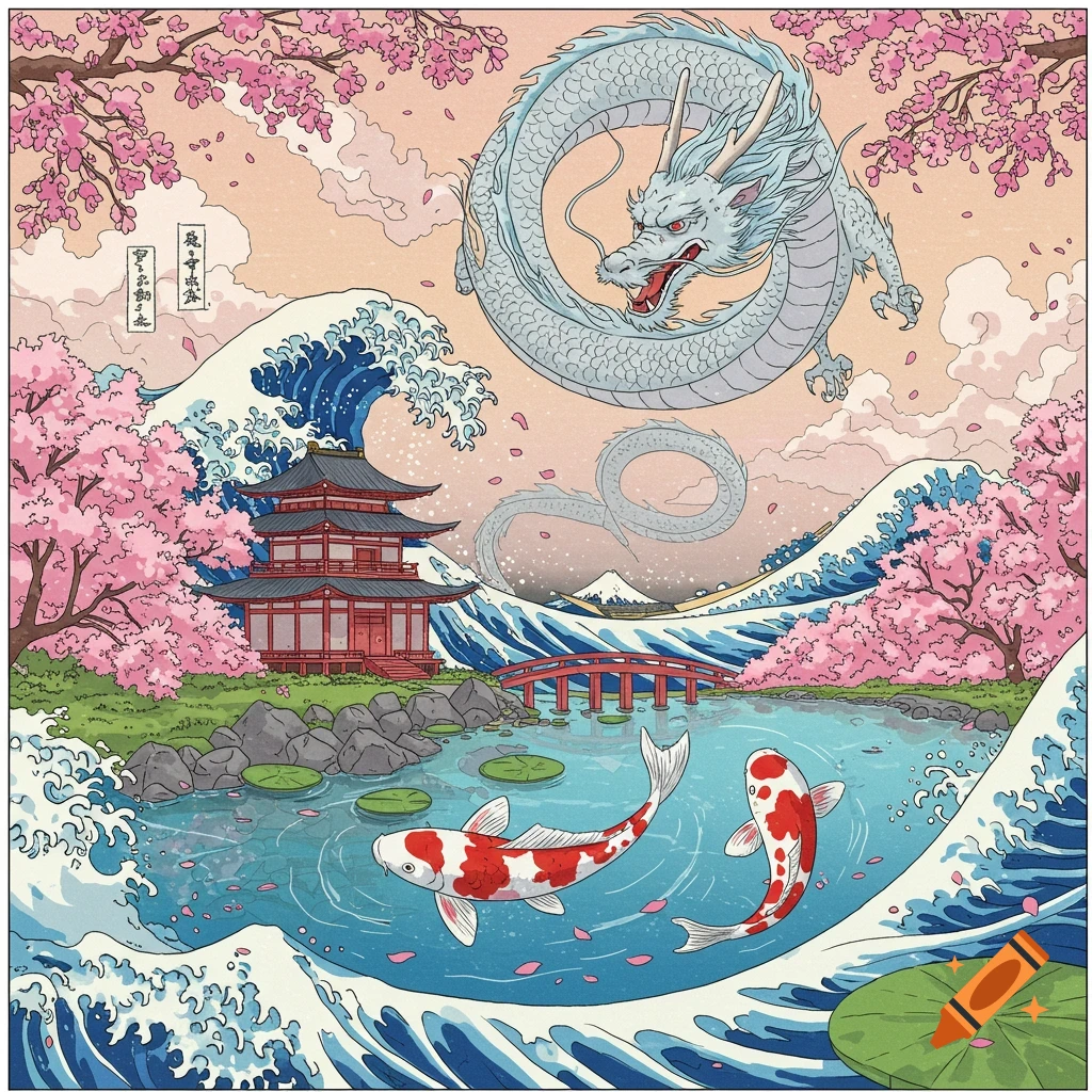 A stylized Japanese landscape with a white dragon flying over a red pagoda, cherry blossoms, koi fish in a lake, and large waves.