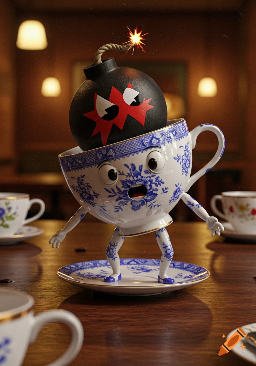 A worried, anthropomorphic teacup with blue floral patterns has a lit bomb on its head, standing on a saucer on a wooden table.