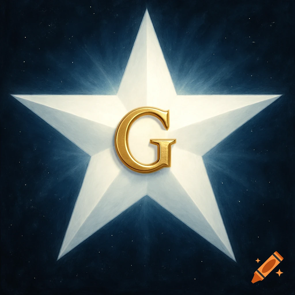A white five-pointed star with a golden letter G in its center, set against a dark starry background with a glowing effect.