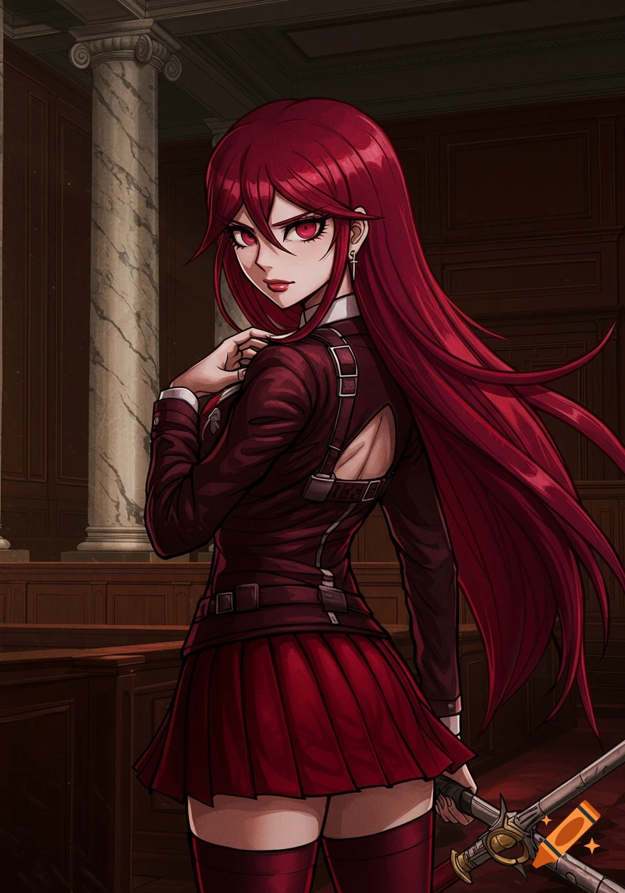 An anime girl with long red hair, red eyes, and a red school uniform holds a sword in a grand hall with columns.