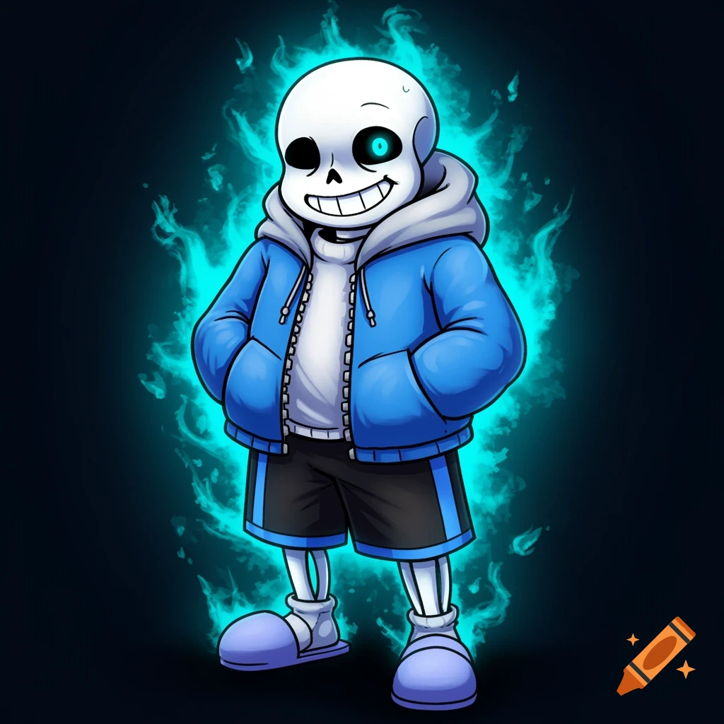 Cartoon skeleton character, Sans from Undertale, in a blue hoodie, with a glowing blue aura.