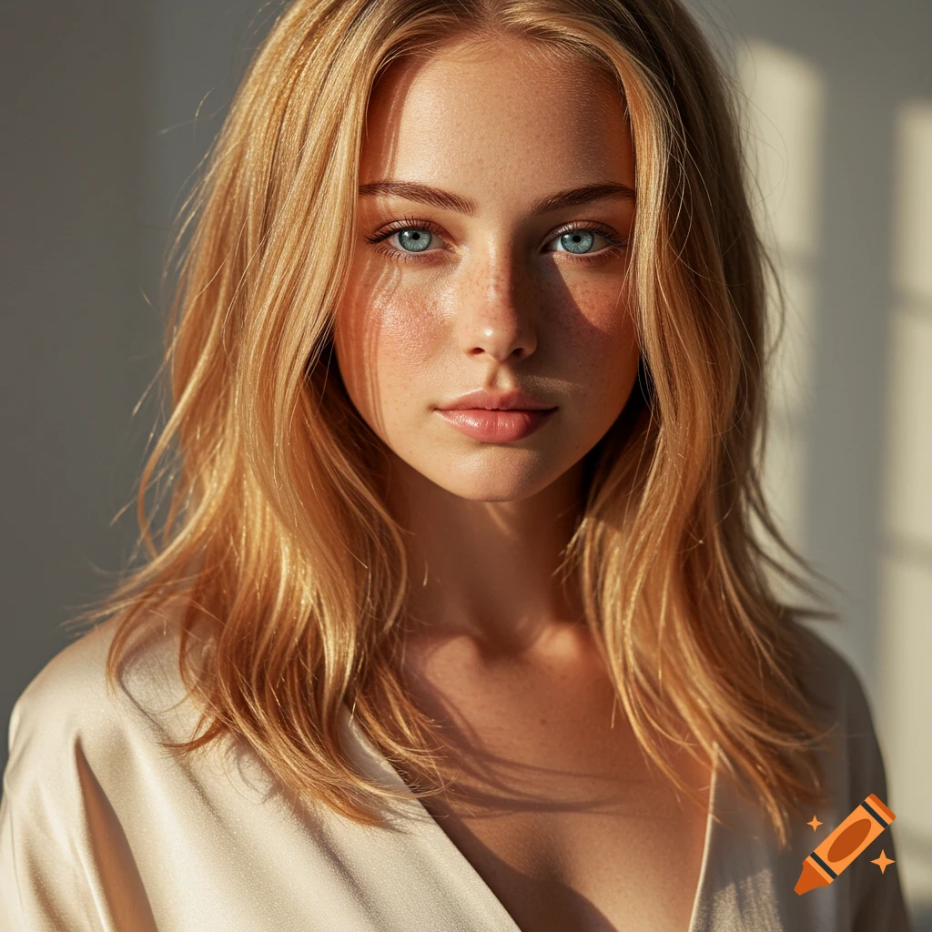 Photorealistic portrait of a young woman with blonde hair, blue eyes, and freckles, lit by window shadows.