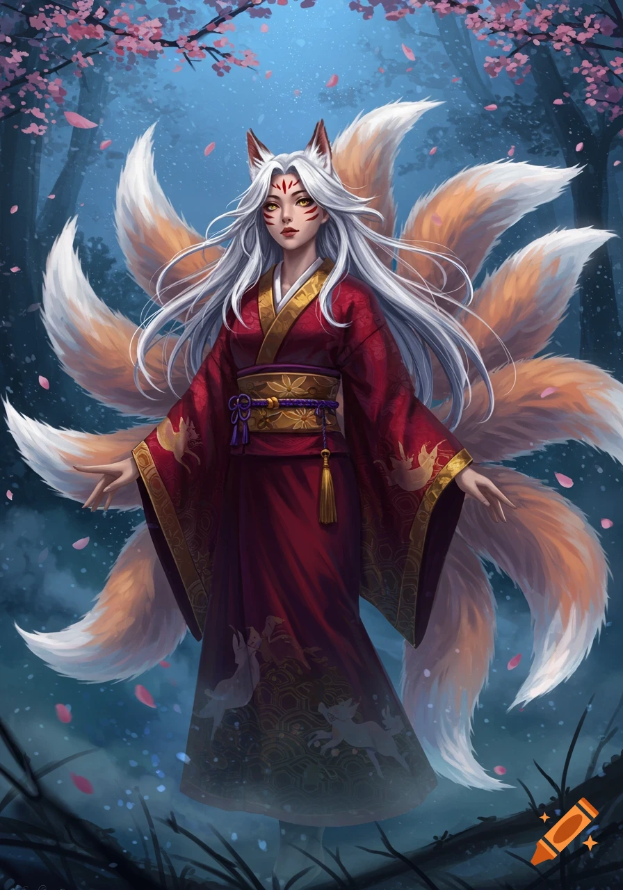 A kitsune girl with white hair and nine bushy tails, wearing a red kimono, stands under cherry blossoms in a forest.