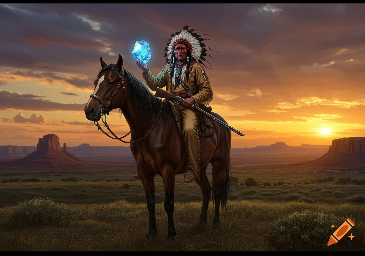 A Native American warrior on horseback holds a glowing blue gem in a desert landscape at sunset.