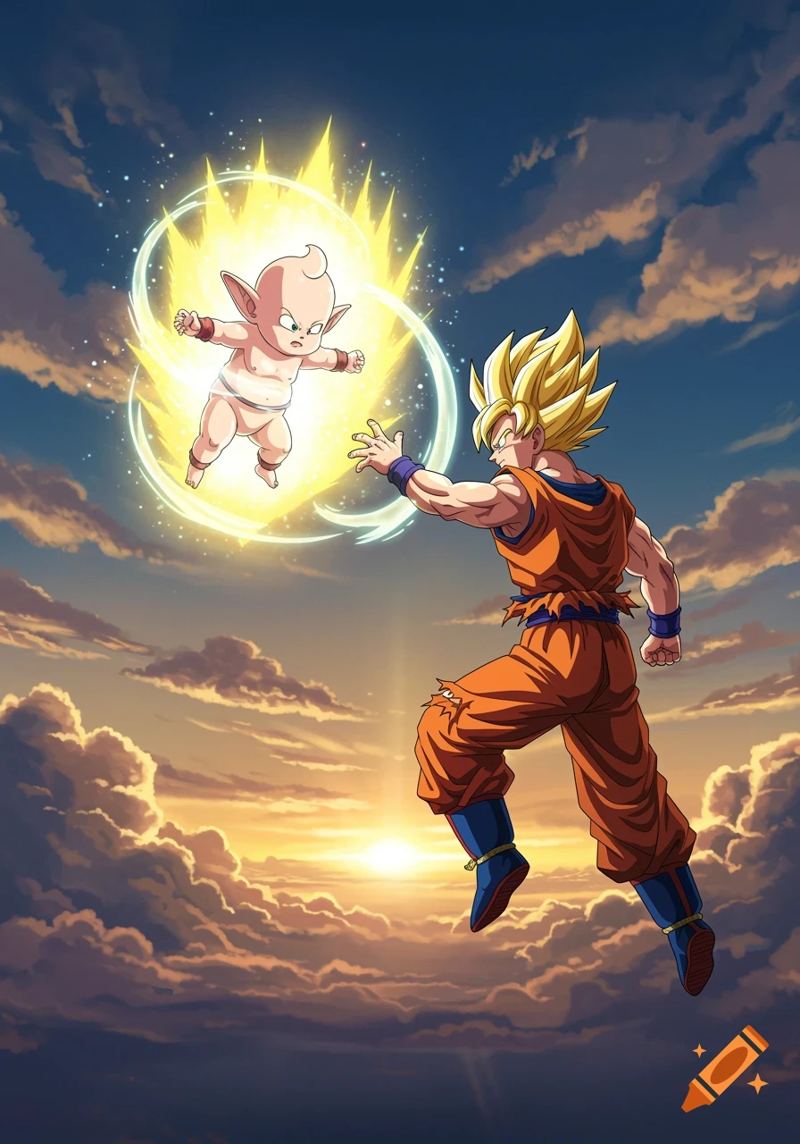 Goku reaches toward a glowing baby character radiating energy in the sky during a sunset, in an anime style.