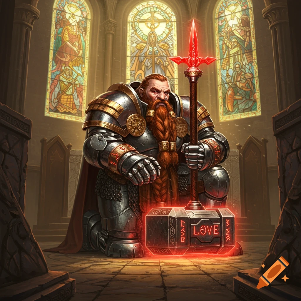 A heavily armored dwarf kneels in a church with stained glass windows, holding a glowing red hammer and spear.