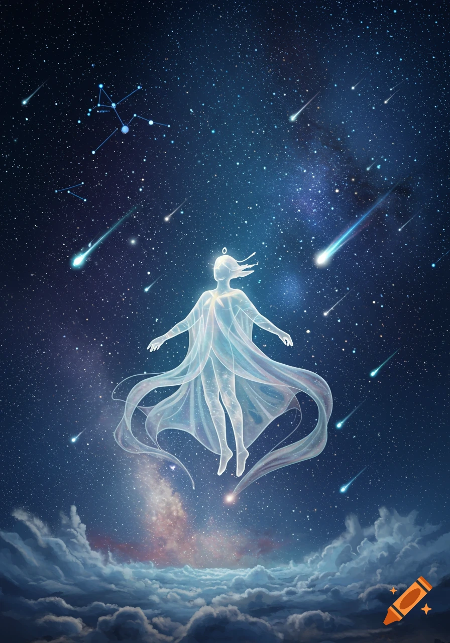 A glowing, ethereal figure floats among shooting stars and constellations above clouds in a deep blue night sky.