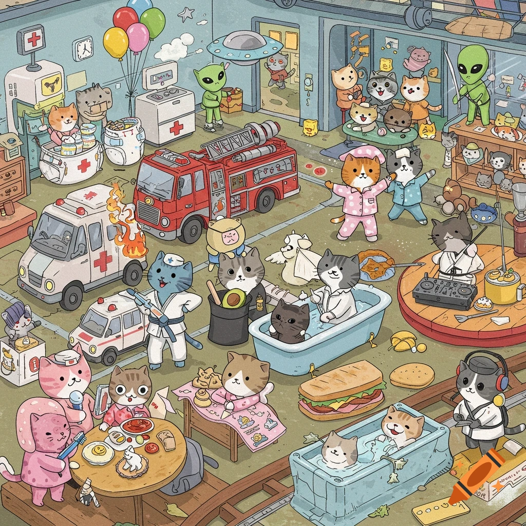 A bustling, whimsical cartoon illustration shows numerous cats engaged in various activities, including a hospital, a fire truck, an ambulance, cats bathing, a DJ cat, and aliens.
