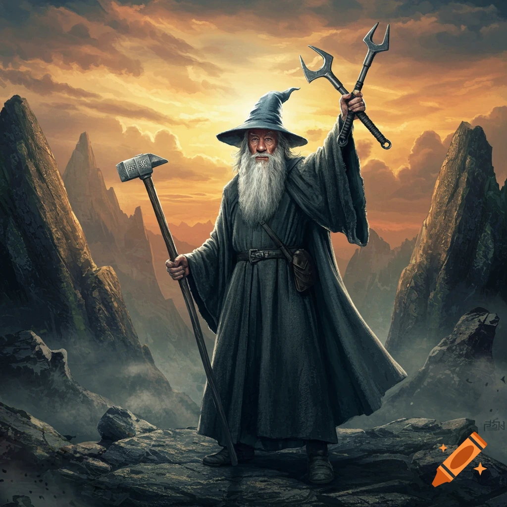 A powerful wizard with a long white beard and a pointed hat stands on a rocky mountain peak. He holds a hammer in one hand and two stylized wrenches in the other, against an epic sunset sky.